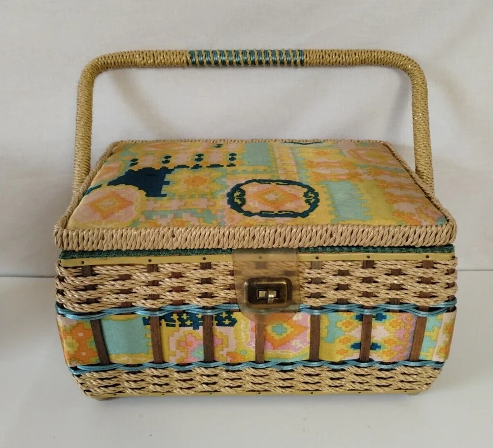 Vintage Wicker Sewing Basket - Accessories & Silk Top Cushion for Pins